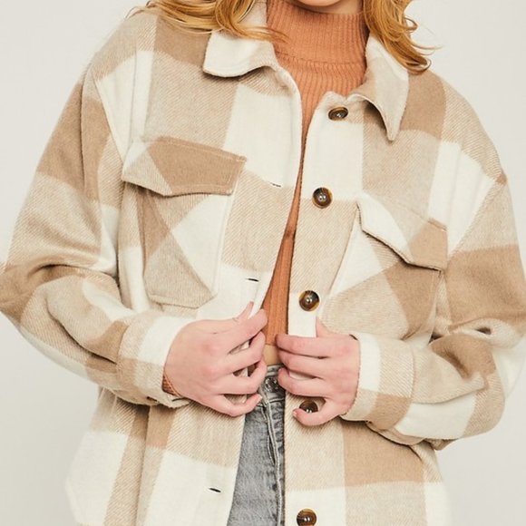 Light Beige Buffalo Plaid Brushed Shacket - Picture 5 of 7